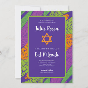 Retro Bat Mitzvah Paars en Groen QR Code Kaart