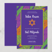 Retro Bat Mitzvah Purple and Green QR Code  Kaart (Voorkant / Achterkant)