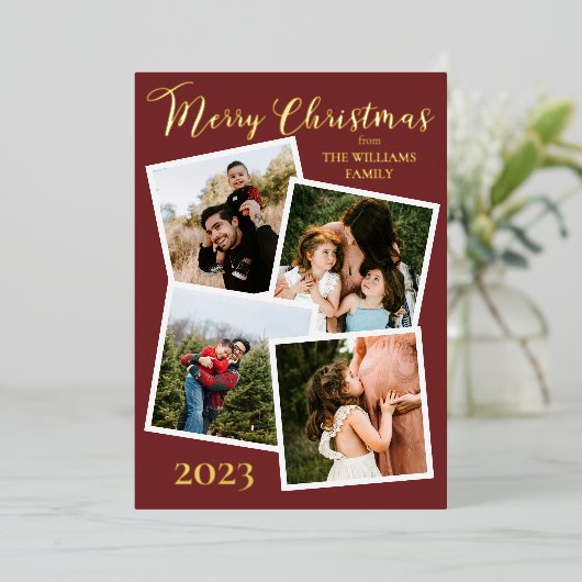Retro Baubles Merry Christmas 4 Photo Dk Berry Folie Feestdagenkaart (Staand Voorkant)