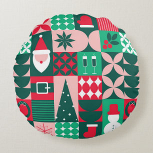 Retro Bauhaus Kerst Patchwork Rood Groen Rond Kussen