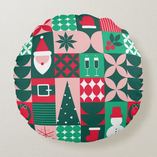 Retro Bauhaus Kerst Patchwork Rood Groen Rond Kussen (Voorkant)
