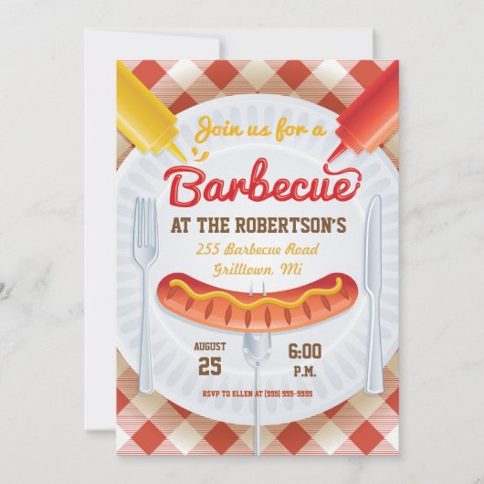 Retro BBQ Party Invitation on Gingham Kaart (Voorkant)