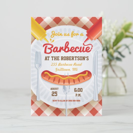 Retro BBQ Party Invitation on Gingham Kaart (Staand voorkant)