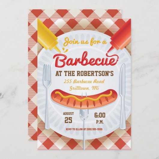 Retro BBQ Party Invitation on Gingham Kaart (Voorkant / Achterkant)