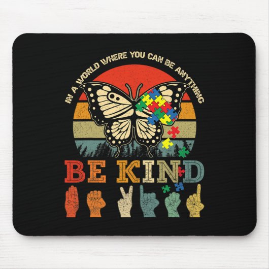 Retro Be Kind Puzzel Vlinder ASL Leraar Autisme Muismat (Voorkant)