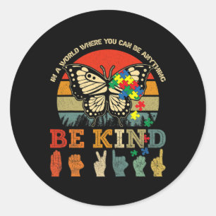 Retro Be Kind Puzzel Vlinder ASL Leraar Autisme Ronde Sticker