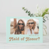 Retro Beach Aqua Foto Maid of Honor proposal Kaart (Staand voorkant)