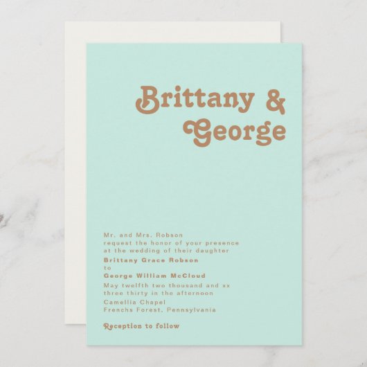 Retro Beach | Aqua Traditional Wedding Invitation Kaart (Voorkant / Achterkant)