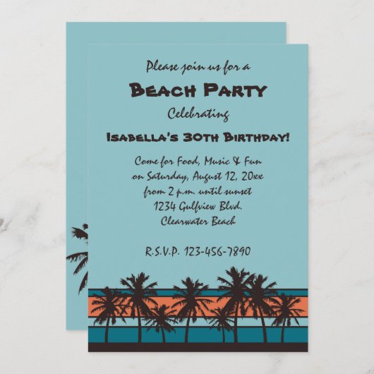 Retro Beach Birthday Party-uitnodigingen Kaart (Voorkant / Achterkant)