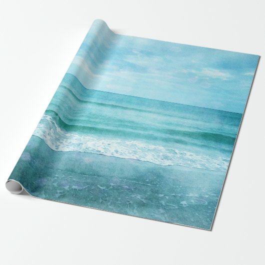 Retro Beach - Blauwgroen blauwe Waterverf voor de Cadeaupapier (Uitgerold)