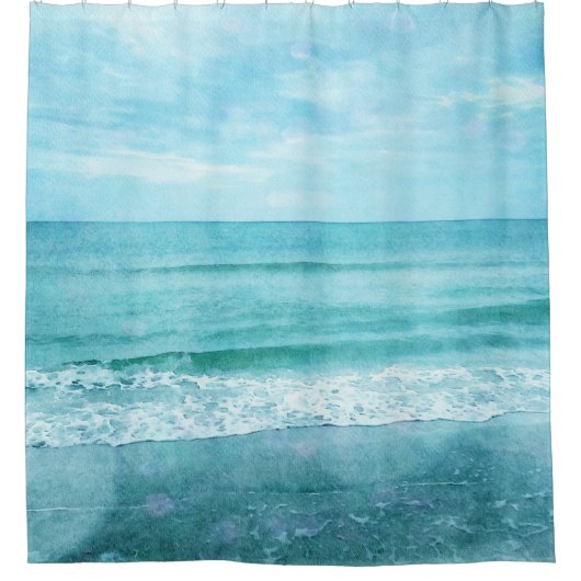 Retro Beach - Blauwgroen blauwe Waterverf voor de  Douchegordijn (Voorkant)