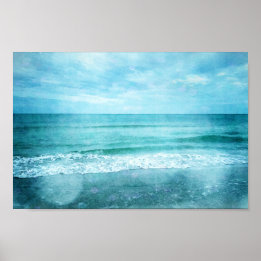 Retro Beach - Blauwgroen blauwe Waterverf voor de Poster