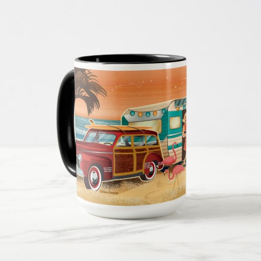 Retro Beach Camper + Classic Car Mok (Voorkant links)