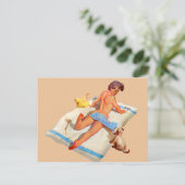 RETRO BEACH GIRL SUN BATHING BRIEFKAART (Staand voorkant)