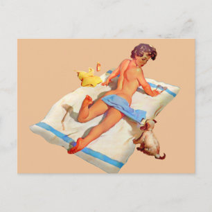 RETRO BEACH GIRL SUN BATHING BRIEFKAART