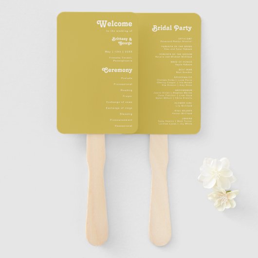 Retro Beach | Gold Wedding Program Hand Fan Handwaaier (Voorkant en achterkant)