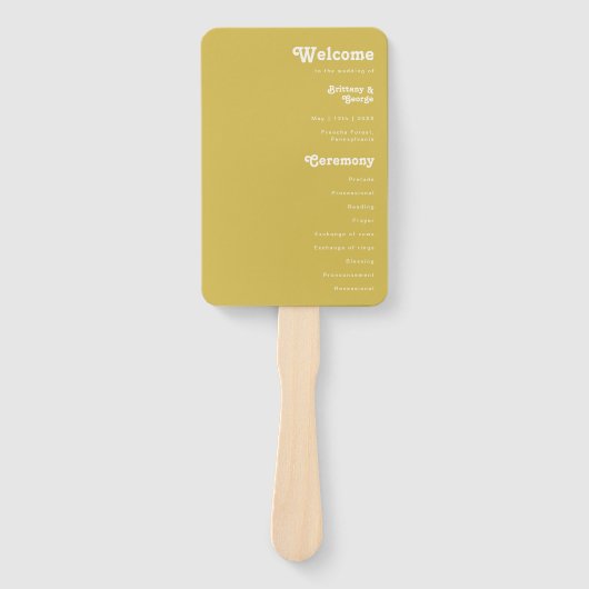Retro Beach | Gold Wedding Program Hand Fan Handwaaier (Voorkant)