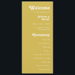 Retro Beach | Gold Wedding-programma Programmakaart<br><div class="desc">Dit retro strand | Het gouden trouwprogramma is perfect voor je eenvoudige , kleurrijke tropische boho zomerbruiloft. Het unieke bohemische middeleeuwse lettertype geeft dit ontwerp een klassiek, minimalistisch hippiebeeld. Stel dat je op zoek bent naar een design dat heldere, rustige oceaankleuren bevat voor je creatieve 70's strandbruiloft. In dat hoesje...</div>