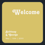 Retro Beach | Gold Wedding Welcome Square Sticker<br><div class="desc">Dit retro strand | gouden trouwpleistersticker is perfect voor je eenvoudige , kleurrijke tropische boho-zomerbruiloft. Het unieke bohemische middeleeuwse lettertype geeft dit ontwerp een klassiek, minimalistisch hippiebeeld. Stel dat je op zoek bent naar een design dat heldere, rustige oceaankleuren bevat voor je creatieve 70's strandbruiloft. In dat hoesje zijn dit...</div>