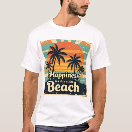 Retro Beach Happiness Palm Tree Sunset T-shirt (Voorkant)