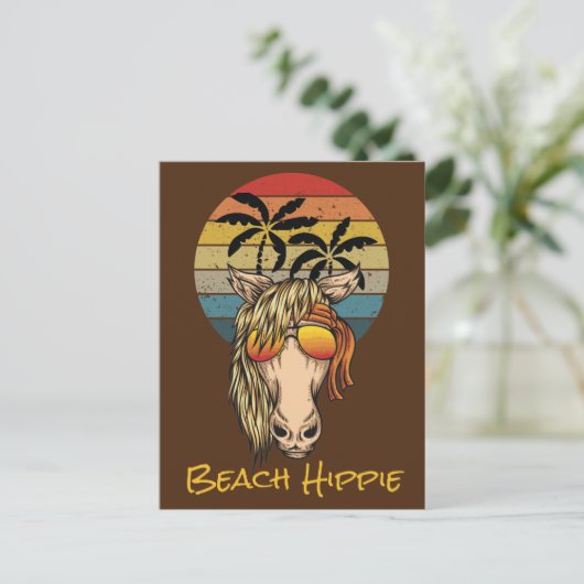 Retro Beach Hippie Horse, Sun n Palm Trees instell Briefkaart (Staand voorkant)