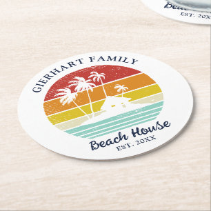Retro Beach House Family Reunion Palm Trees Ronde Kartonnen Onderzetter
