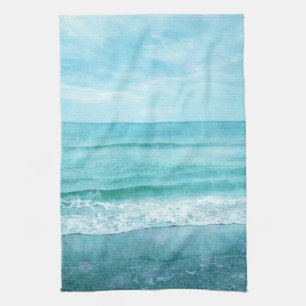 Retro Beach - Kustzone Blauwgroen Blauwe Waterverf Theedoek