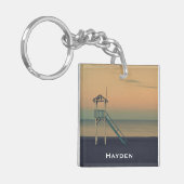 Retro Beach Lifeguard Tower Sunset gepersonaliseer Sleutelhanger (Voorkant Links)
