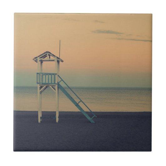 Retro Beach Lifeguard Tower zonsondergang Tegeltje (Voorkant)