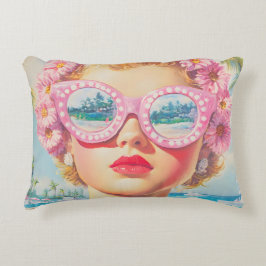 Retro Beach Meisje met Bloemen Zonnebril Accent Kussen