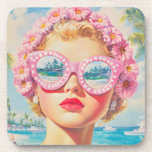 Retro Beach Meisje met Bloemen Zonnebril Bier Onderzetter