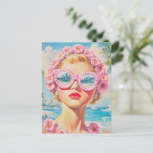 Retro Beach Meisje met Bloemen Zonnebril Briefkaart (Staand voorkant)