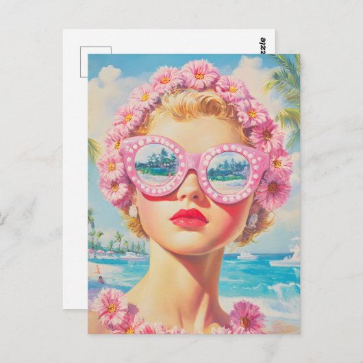 Retro Beach Meisje met Bloemen Zonnebril Briefkaart (Voorkant / Achterkant)