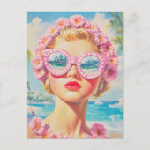Retro Beach Meisje met Bloemen Zonnebril Briefkaart (Voorkant)