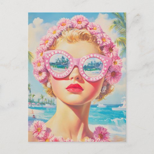 Retro Beach Meisje met Bloemen Zonnebril Briefkaart (Voorkant)
