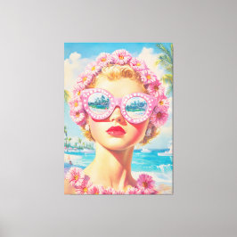Retro Beach Meisje met Bloemen Zonnebril Canvas Afdruk