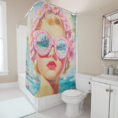 Retro Beach Meisje met Bloemen Zonnebril Douchegordijn (In situ)