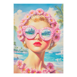 Retro Beach Meisje met Bloemen Zonnebril Foto Afdruk
