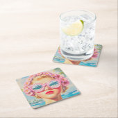 Retro Beach Meisje met Bloemen Zonnebril Kartonnen Onderzetters (Insitu)