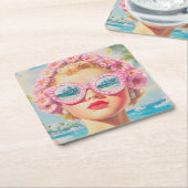 Retro Beach Meisje met Bloemen Zonnebril Kartonnen Onderzetters (Schuin)