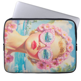 Retro Beach Meisje met Bloemen Zonnebril Laptop Sleeve
