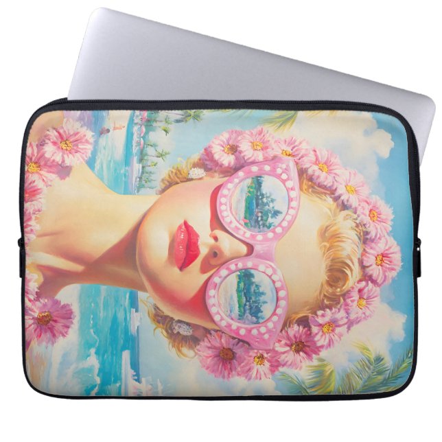 Retro Beach Meisje met Bloemen Zonnebril Laptop Sleeve (Voorkant)