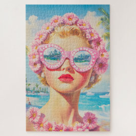 Retro Beach Meisje met Bloemen Zonnebril Legpuzzel