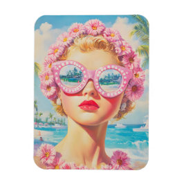 Retro Beach Meisje met Bloemen Zonnebril Magneet