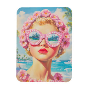 Retro Beach Meisje met Bloemen Zonnebril Magneet