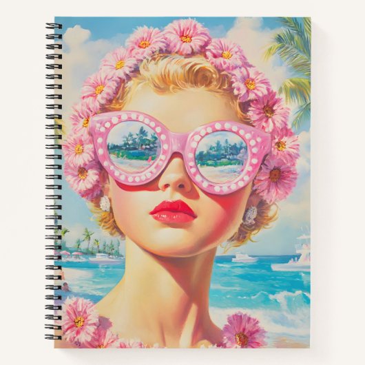 Retro Beach Meisje met Bloemen Zonnebril Notitieboek (Voorkant)