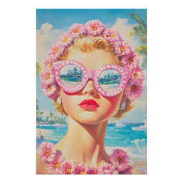 Retro Beach Meisje met Bloemen Zonnebril Perfect Poster