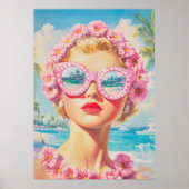 Retro Beach Meisje met Bloemen Zonnebril Poster (Voorkant)