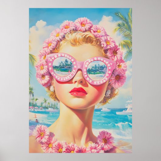 Retro Beach Meisje met Bloemen Zonnebril Poster (Voorkant)