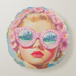 Retro Beach Meisje met Bloemen Zonnebril Rond Kussen